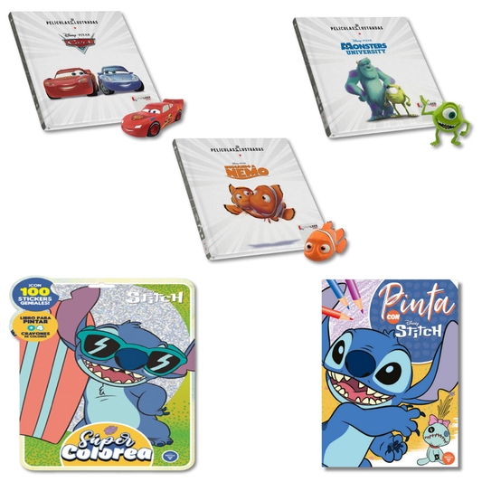 Combo: Sets de Libros Cars 1 + Buscando A Nemo + Monsters University (incluyen figuras). + Libro Para Pintar 32Pag Stitch + Super Colorea Stitch