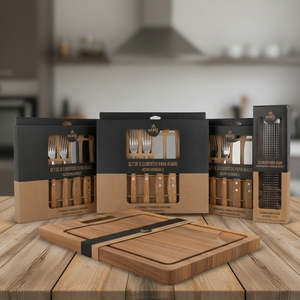 Combo Tabla De Madera De Acacia. Set 8 Cubiertos Asado y Cilindro Para Asar Verduras