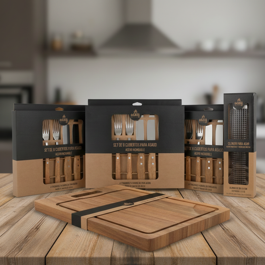 Combo Tabla De Madera De Acacia. Set 8 Cubiertos Asado y Cilindro Para Asar Verduras