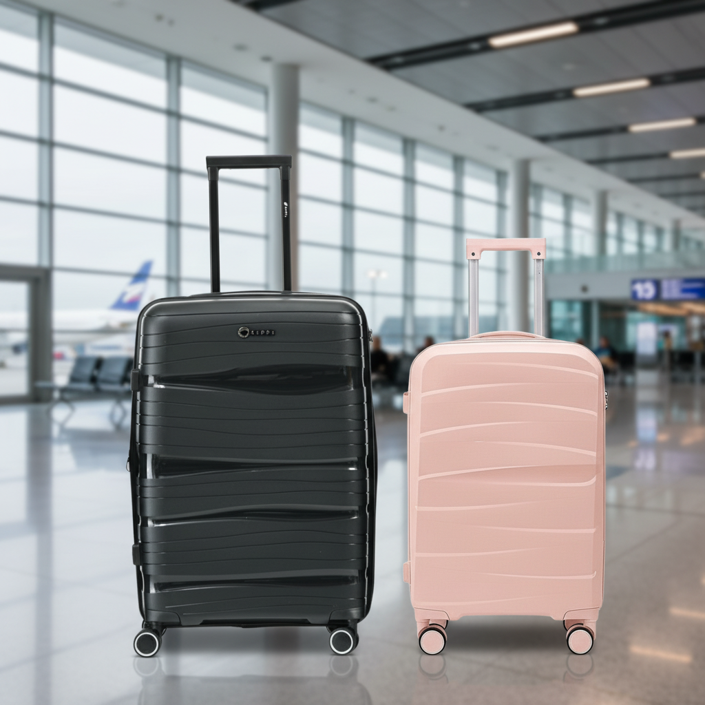Combo 2 Maletas. Maleta Kippi (L) Rígida Wavy Negro y Maleta de Cabina (S) Misty-Pink