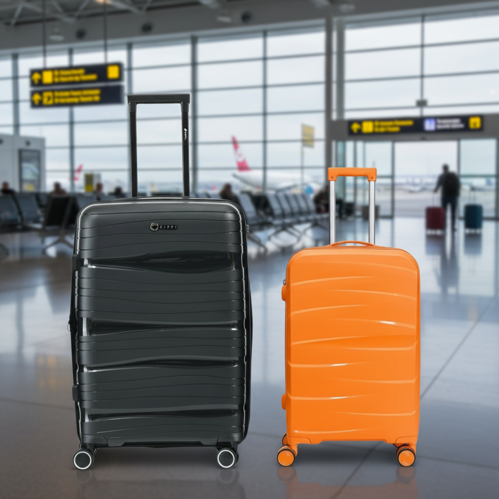 Combo 2 Maletas. Maleta Kippi (L) Rígida Wavy Negro y Maleta de Cabina (S) Tangerine