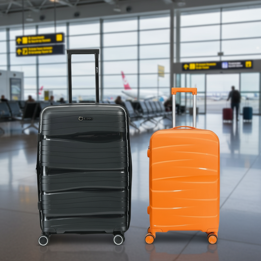 Combo 2 Maletas. Maleta Kippi (L) Rígida Wavy Negro y Maleta de Cabina (S) Tangerine