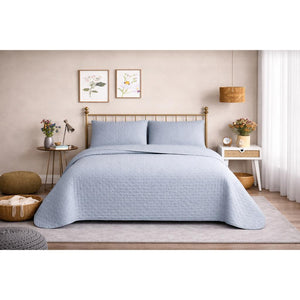 Combo Cubrecama Quilt Reversible 2 1/2 Plazas King Deluxe Grey + Manta Sherpa Azul Jaspeado