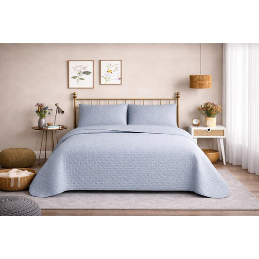 Combo Cubrecama Quilt Reversible 2 1/2 Plazas King Deluxe Grey + Manta Sherpa Azul Jaspeado