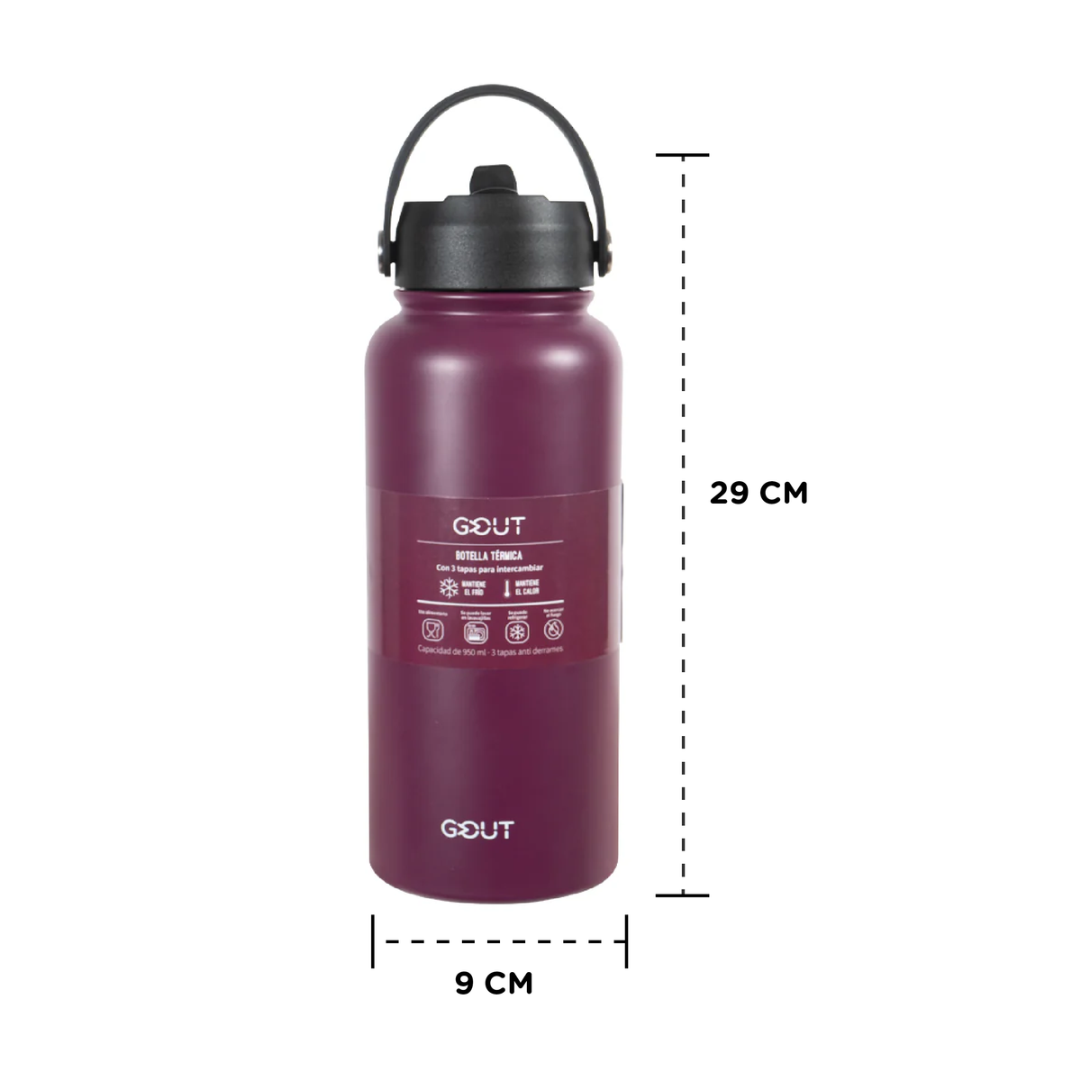 Botella Térmica 950 Ml Gout - 3 Tapas Color Burdeo