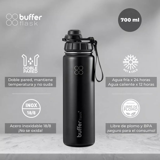 Botella Térmica Buffer Acero Inoxidable 950ml +4 Tapas Negro