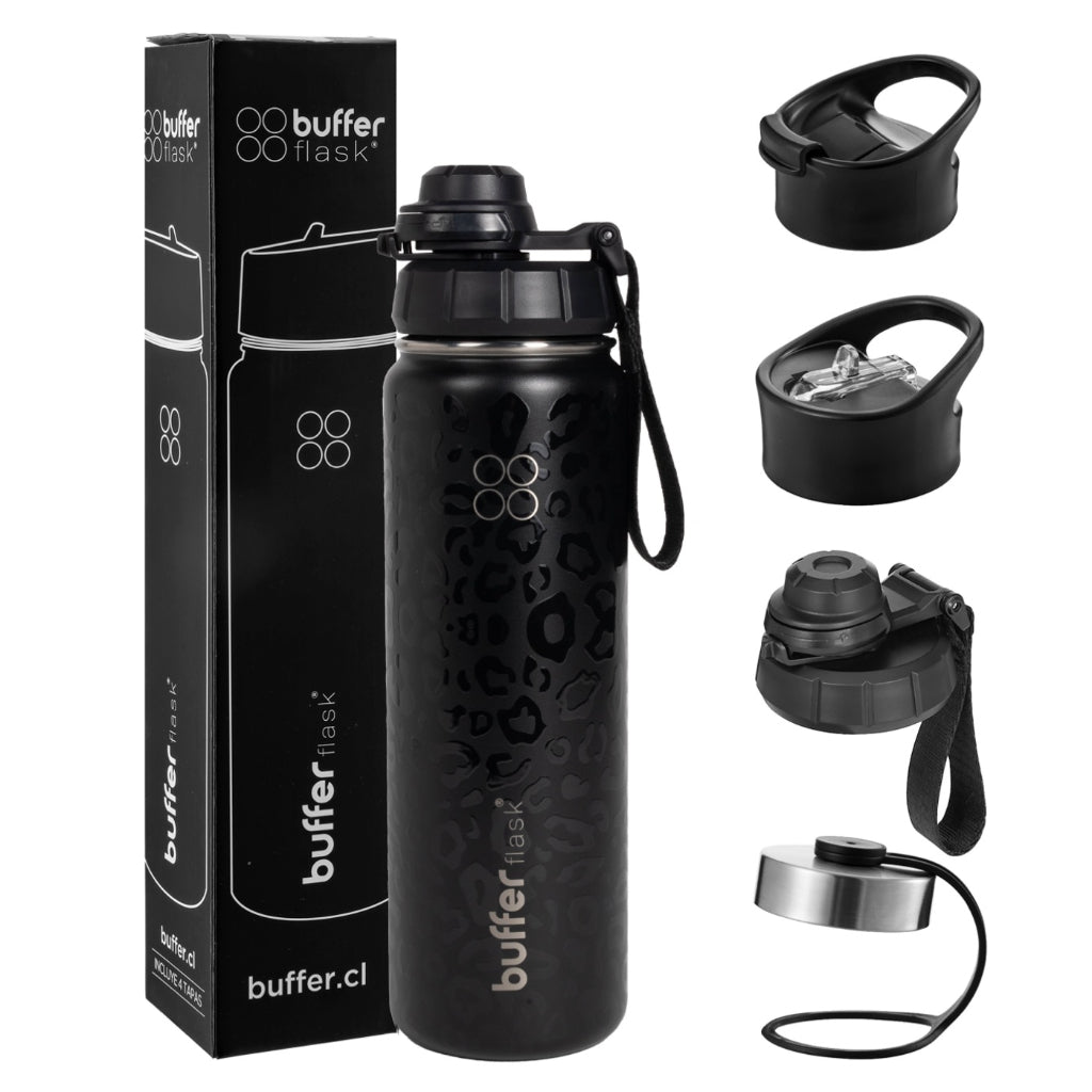 Botella Agua Térmica Buffer Morea 700ml +4 Tapas ANIMAL PRINT LEOPARD BLACK