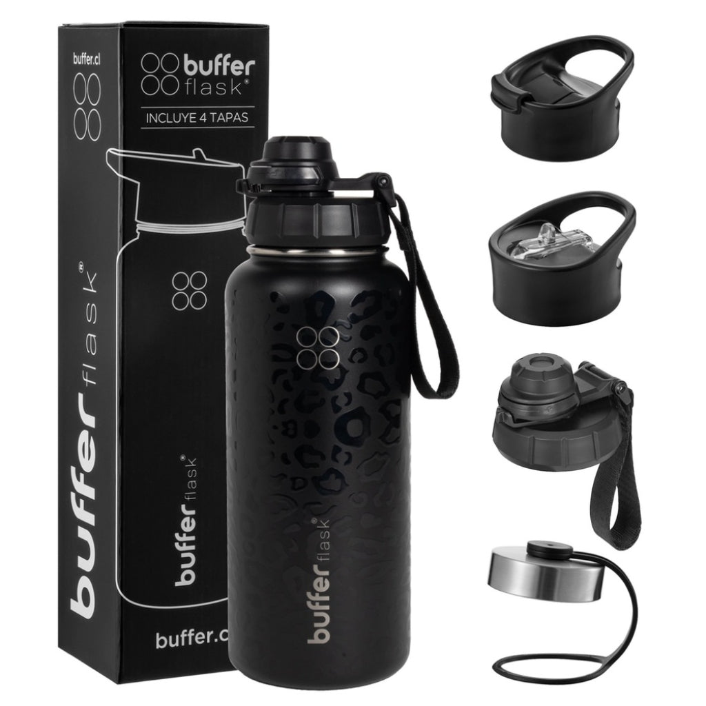 Botella Agua Térmica Buffer Morea 950ml +4 Tapas Negro Leopardo
