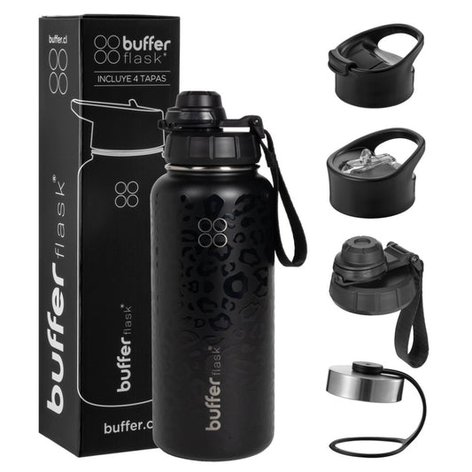 Botella Agua Térmica Buffer Morea 950ml +4 Tapas Negro Leopardo
