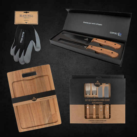 Combo Parrilla FULL: Set Cuchillo y Tenedor + Tabla + Guante BlackBull + Set Cubiertos para Asado
