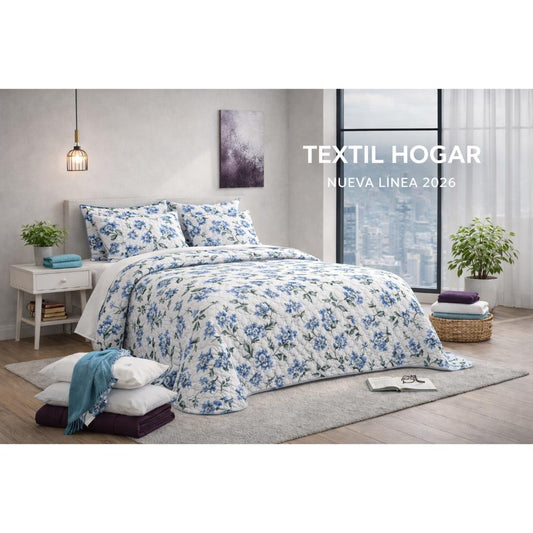 Cubrecama Quilt Reversible 2 Plazas Queen Flowers Blue Martiné