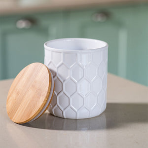 Frasco Cerámica Tapa Bambú 10.5X11.7Cm Blanco