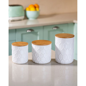 Frasco Cerámica Tapa Bambú 12.6X12.3Cm Blanco