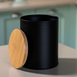 Combo: Frasco Metal Tapa Bambú 21.5X10Cm Negro + Frasco Metal Tapa Bambú 14.5X18Cm Negro + Frasco Metal Tapa Bambú 11X15Cm Negro