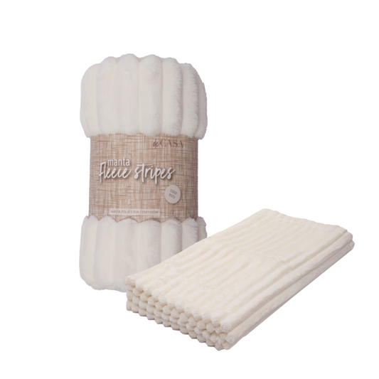 Combo Mantas Fleece Panal y Stripes 125x150 cm Beige, Gris Oscuro, Ecru y Gris