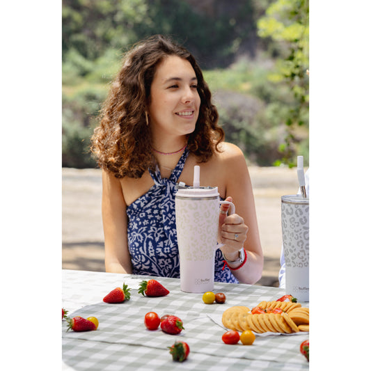 Mug Vaso Térmico Buffer Roques 1Lt + 2 Tapas Pinky Leopardo