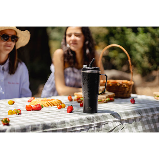 Mug Vaso Térmico Buffer Roques 1Lt + 2 Tapas Negro Leopardo