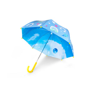 Combo Lluvia Niña: Paraguas Arcoíris Cambia Color Celeste + Impermeable Cara Minnie