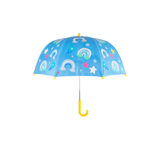Combo Lluvia Niña: Paraguas Arcoíris Cambia Color Celeste + Impermeable Cara Minnie
