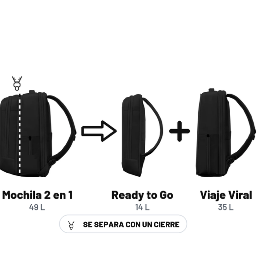 Mochila de Viaje Viral XL 49L. 2 en 1 Llaima Lauca. Expandible. Black
