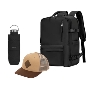 Combo 50% OFF: Mochila Viaje Viral (Cabina Avión) 31L Black + Jockey Llaima Maipo Beige + Botella Plegable Gout 700Ml Negra