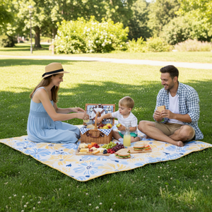 Combo Manta de Picnic Impermeable + 6 Vasos Acrílicos para Agua (3 sets de 2 unidades)
