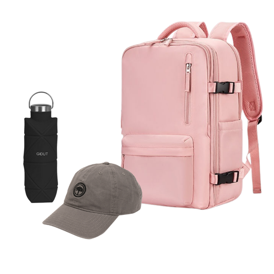Combo: Mochila Viaje Viral (Cabina Avión) 31L Misty Pink. + Jockey Llaima Grey + Botella Plegable Gout 700Ml Negra