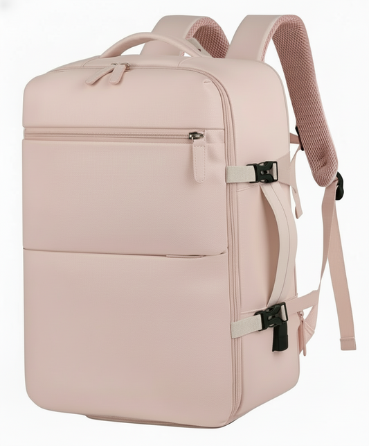 Combo Mochila Travel Viral 40L Misty Pink Expandible + Botella Térmica Wappy Blanca Acero Inoxidable