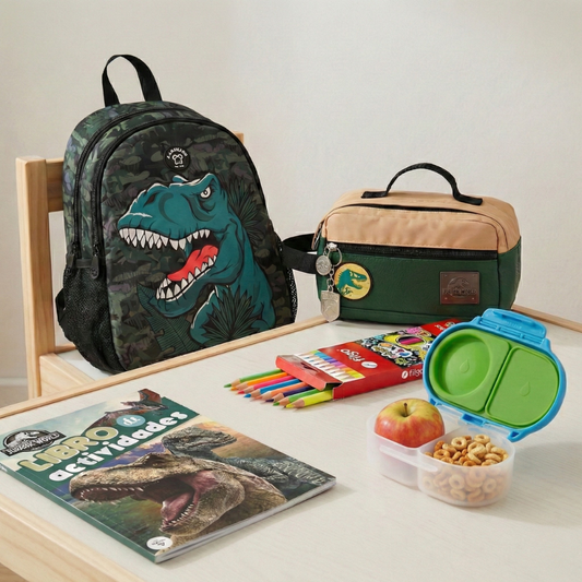 Pack 5 Unidades: Mochila Saxoline + Libro Jurassic +Estuche Jurassic World + Lápices Colores + Snackbox