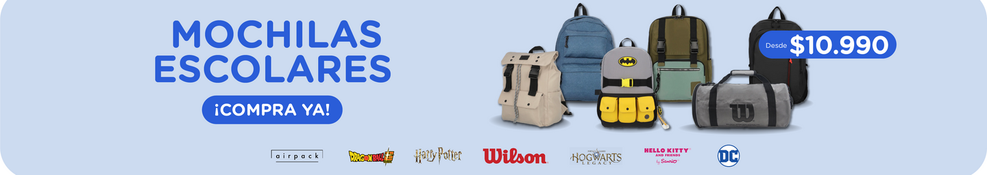 Compra ya Mochilas Escolares desde $10.990. Marcas como Wilson y AirPack y los súperhérores favoritos de DC, Harry Potter, Dragon Ball Z están entre los más destacados. 