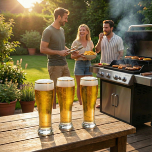 Combo Set 3 Vasos Cerveza Glasso 460 ml + Tabla Asado Con Bandeja Metálica.