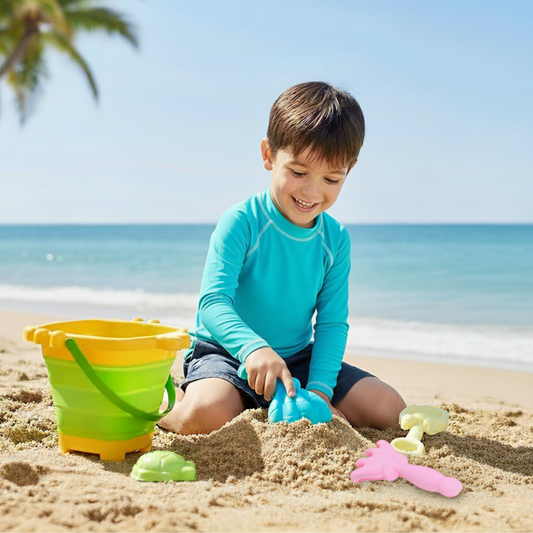 Set Balde Plegable de Cangrejo con 2 Herramientas y 4 Moldes de Playa