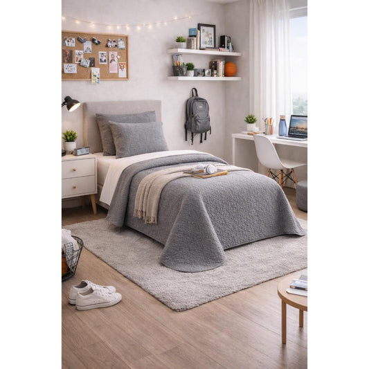 Combo Cubrecama Quilt Reversible 1.5 Plazas Wonder Grey + Manta Fleece Panal Beige