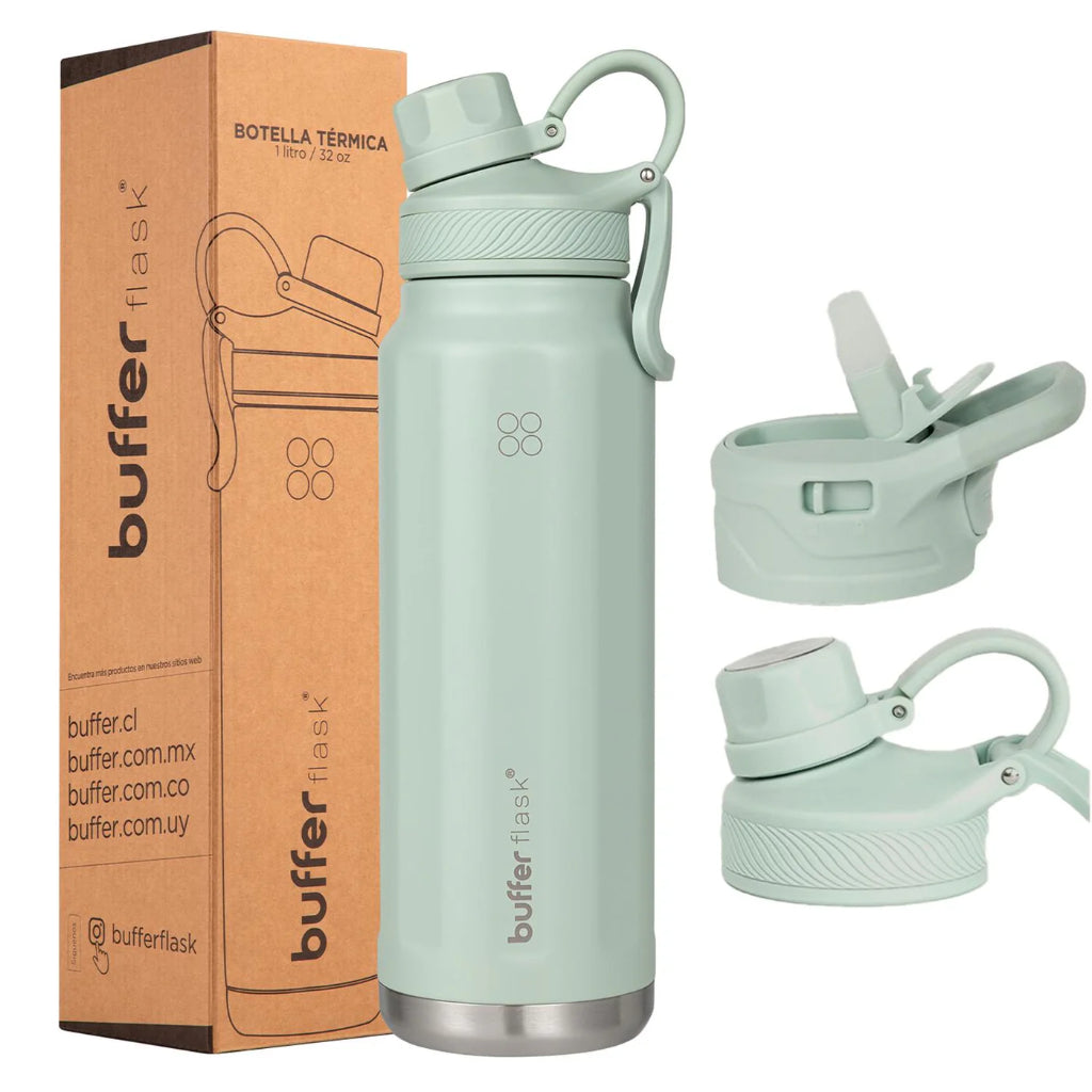 Botella Agua Térmica Buffer Paine 1Lt  + 2 Tapas Sage Green