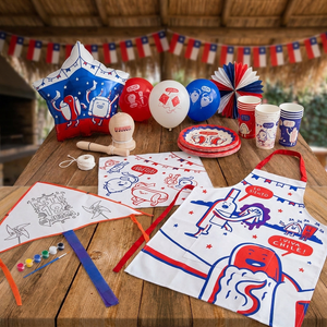Combo Fiesta Dieciochera 10 Productos: Volantín Coloreable, Emboque, Delantal, Pañuelo, Globos, Vasos, Platos y Abanico Ingesman