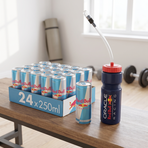 Combo Red Bull Sin Azúcar Caja 24 Latas 250 ml + Botella con Bombilla Oracle Red Bull Racing 700 ml