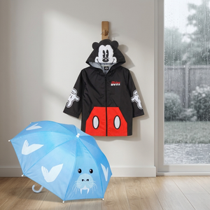 Combo Lluvia Infantil: Paraguas Celeste Lobo Marino + Impermeable Orejas Mickey
