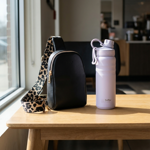 Combo Bandolera Crossbag Negra con Correa Animal Print + Botella Térmica Buffer Yosemite 700 ml Lila