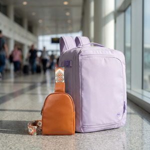 Combo Bandolera Crossbag Gout Camel + Mochila de Viaje Viral Llaima Dakota Expandible 32 L Lila