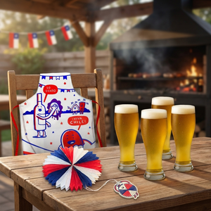 Combo Dieciochero: Delantal Ingesman Adulto + Set 4 Copas de Cerveza Garza 570 ml + Abanico Decorativo
