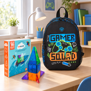 Combo Mochila Saxoline Homeschool 13L Gamer Negra + Bloques Magnéticos Imablock 16 Piezas