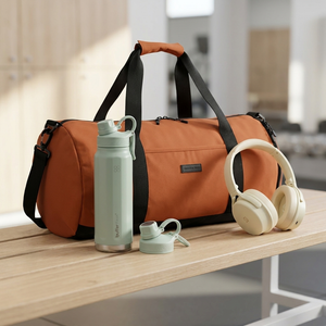 Combo Bolso Duffel Saxoline Nyla 40 L Café + Botella Térmica Buffer Paine 1 L Sage Green + Audífonos Sleve Evo White Cream