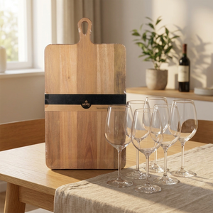 Combo Tabla de Madera de Acacia con Mango 53 cm + Pack 6 Copas de Vino Hausmann Montepulciano Valley 585 ml