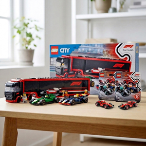 Combo LEGO® City Camión de F1 con Autos RB20 y AMR24 + 2 LEGO® Autos F1 Coleccionables