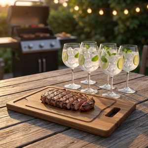 Combo Asado y Brindis: 6 Copas Acrílicas para Gin 660 ml (3 Sets de 2) + Tabla de Madera de Acacia 45x30 cm