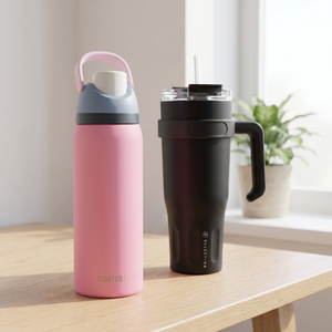 Combo Botella Térmica Porter Flask 700 ml Pink Rosa + Mug Térmico 1,1 L Negro