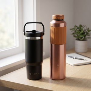 Combo Mug de Acero Inoxidable 900 ml Likelife Negro + Termo Flask Doble Pared 500 ml Likelife Naranja
