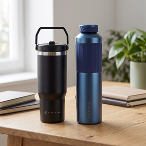 Combo Mug de Acero Inoxidable 900 ml Likelife Negro + Termo Flask Doble Pared 500 ml Likelife Azul