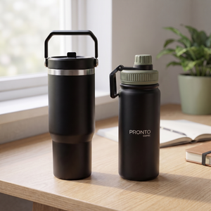 Combo Mug de Acero Inoxidable 900 ml Likelife Negro + Botella Térmica Pronto Manía 550 ml Negra