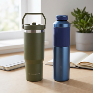 Combo Mug de Acero Inoxidable 900 ml Likelife Oliva + Termo Flask Doble Pared 500 ml Likelife Azul